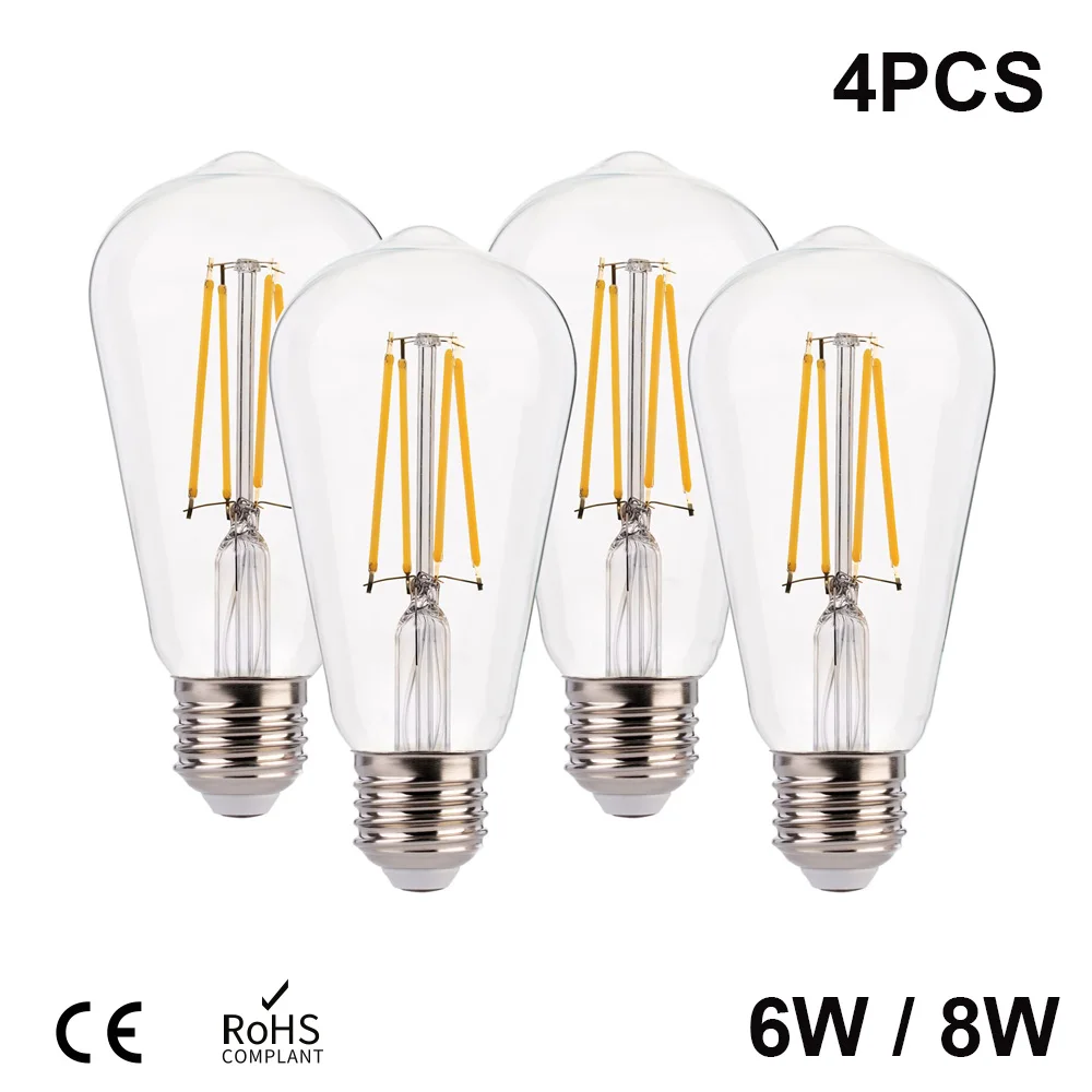 4PCS Retro LED Edison Filament Light Bulbs ST64 E27 85-265V  8W warm white 2700K natural white 4500K 360 Degree Energy Lamps