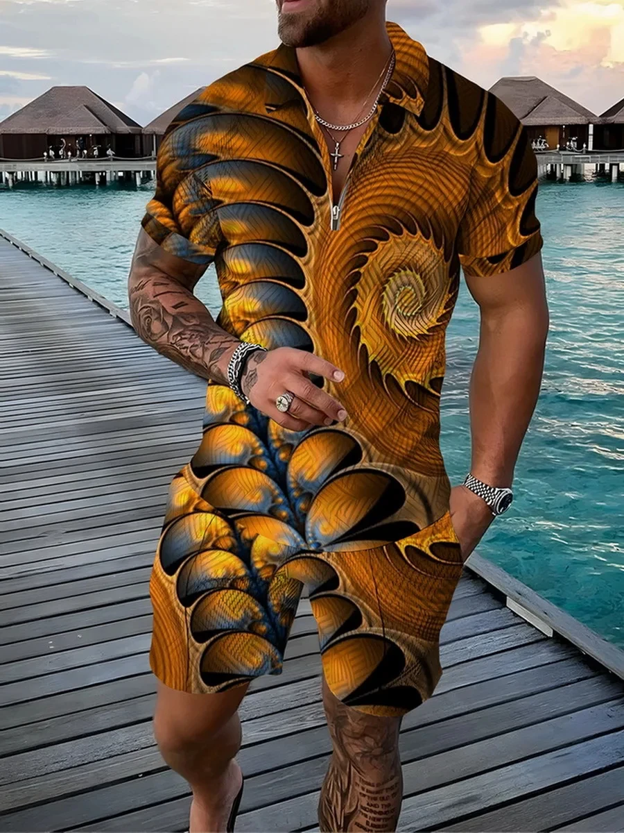 운동복 기하학 3D 프린트 남성 폴로 셔츠, 지퍼 라펠 폴로 세트, 지퍼 칼라 및 반바지, 휴일 스타일 남성 의류, 2 개 세트