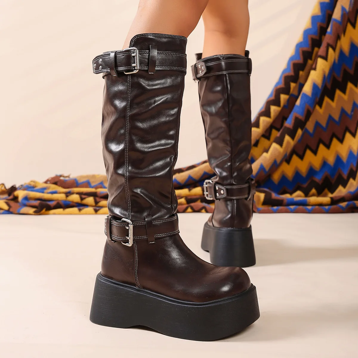 Women's Punk Style Knee High Boots Round Toe Leather Platform_voghion.com