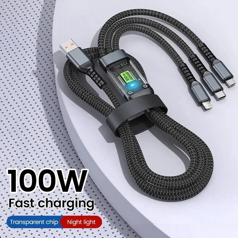 3 in 1 고속 충전 케이블, USB C 타입 마이크로, 아이폰 14, 13, 12, 11, 삼성 S23, 화웨이, 샤오미 파일럿 램프, USB C 충전기, 100W 6A