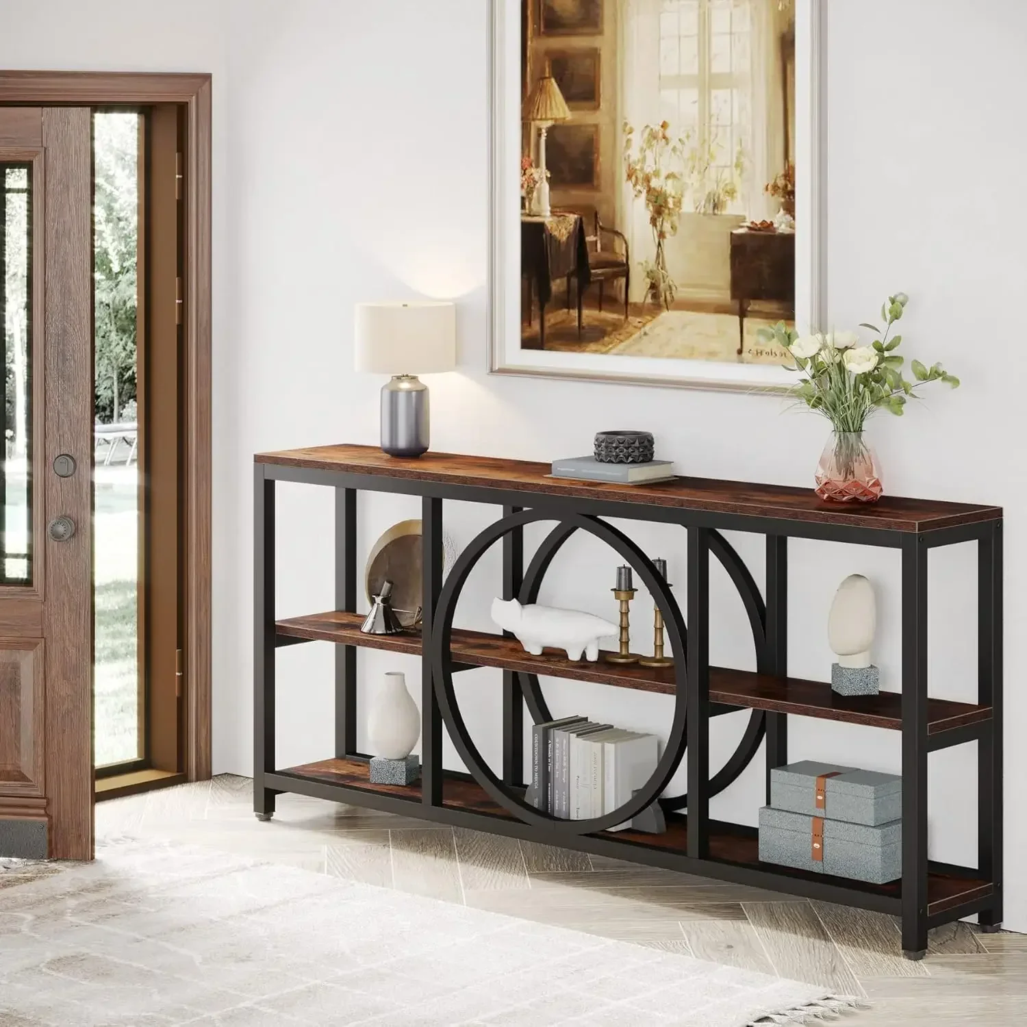 Extra Long Console Table, 70.9 inch Narrow Sofa Tables with 3 Tier Wood Storage Shelves Industrial Metal Frame for Entryway 3