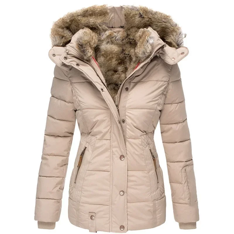 Winter Warm Wool Collar Cotton Coat Womens Zipper Long Sleeve Slim Fit Hooded Cotton Coat 2