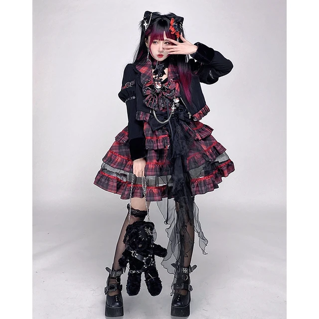 Women's Punk Lolita Red Tartan Short Coat