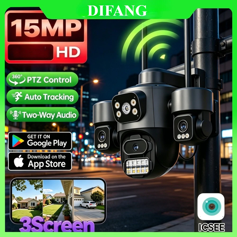iCsee 트리플 스크린 트리플 렌즈 15MP HD WiFi IP 카메라 8MP 듀얼 렌즈 자동 추적 방수 CCTV 360 °   파노라마 감시 시스템