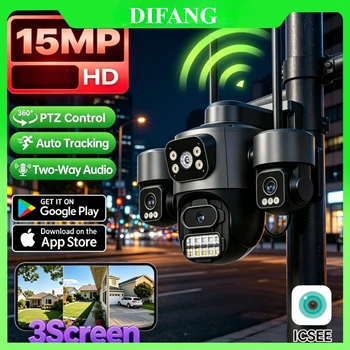 iCsee Triple Screen Triple Lens 15MP HD WiFi IP Camera 8MP Dual Lens Auto Tracking Waterproof CCTV 360° Panoramic Surveillance 1