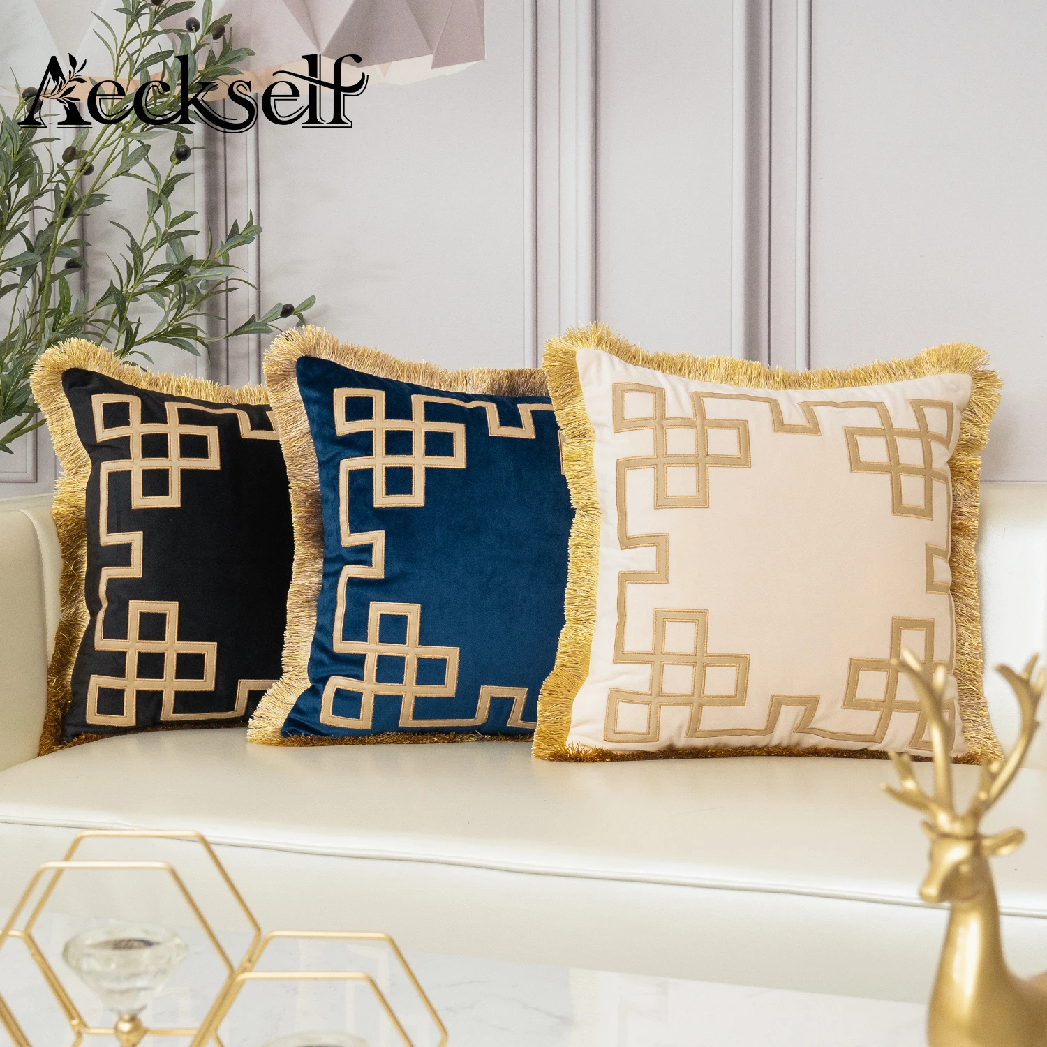 Description Picture 2 of itemAeckself Luxury Gold Leather Embroidery Velvet Cushion Cover With Tassel Home Decor Navy Blue Black Beige Throw Pillow Case