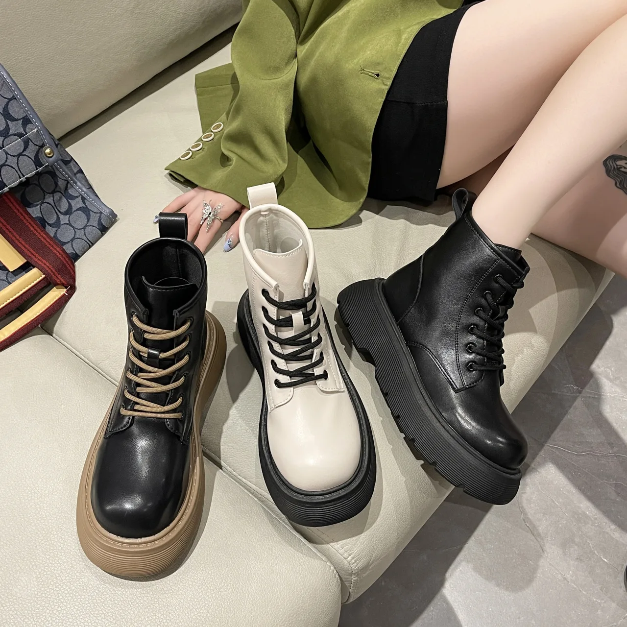2023Women's Shoes Fashion Women's Boots Thick-soled Autumn PU Leather Ankle Boots Motorcycle Thickened Heel Lace Up  Boots Women
