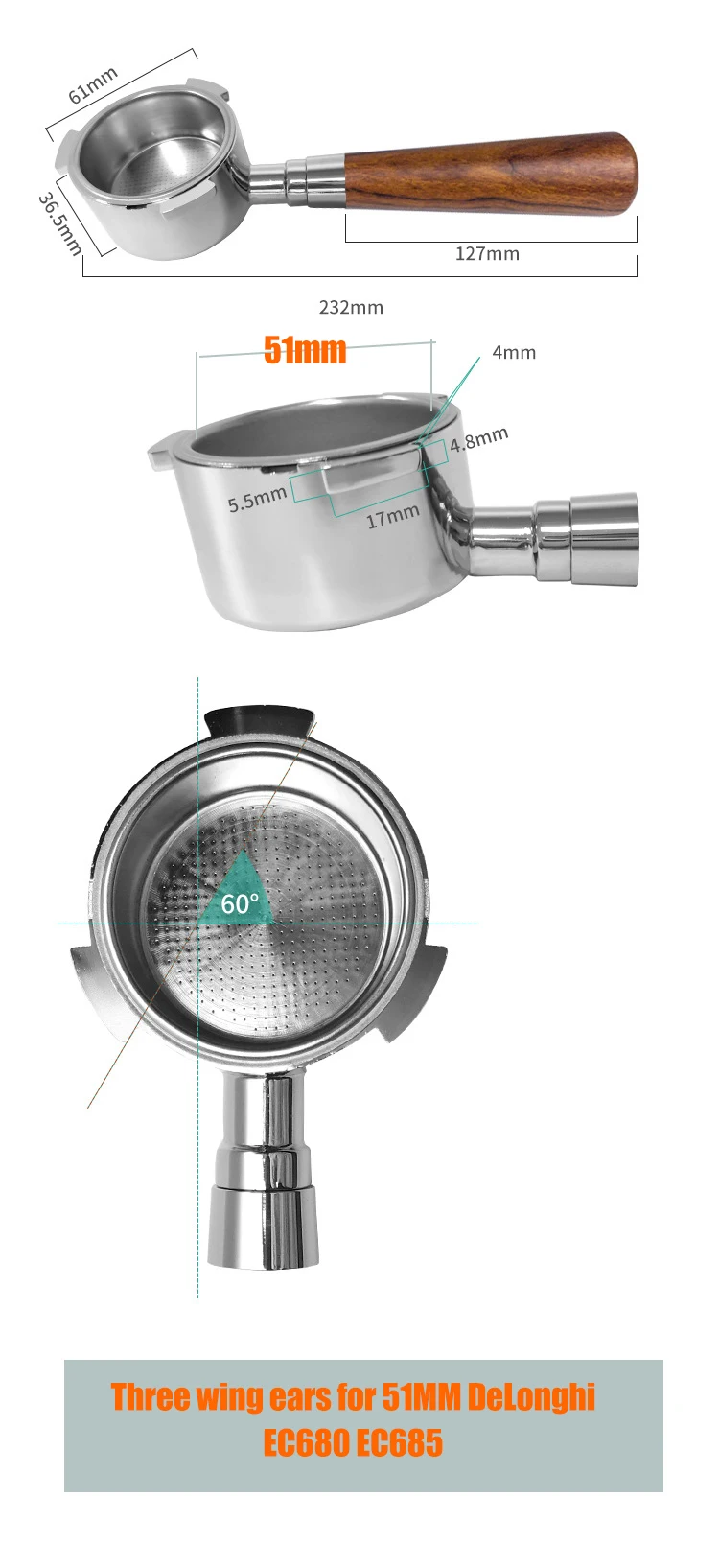 Description Picture 3 of itemDelonghi 51MM Coffee Bottomless Portafilter 304 Stainless Steel 1 2 4 Cups Filter Basket For EC680 EC685 Espresso Machine Tools