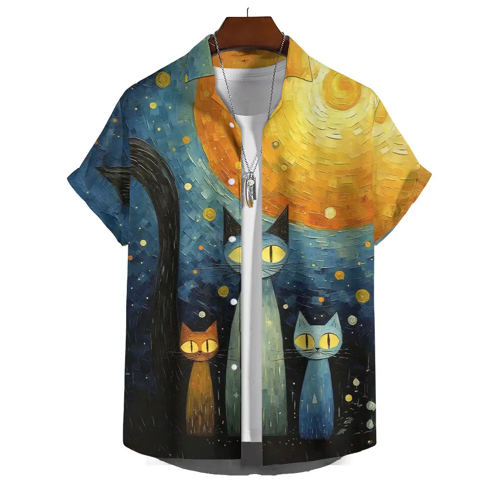 Summer Men's Printed Short Sleeve Shirt Oil Painting Starry Sky Cartoon Cat Print Street Daily Casual Oversized Tops SIZE S-5XL 2