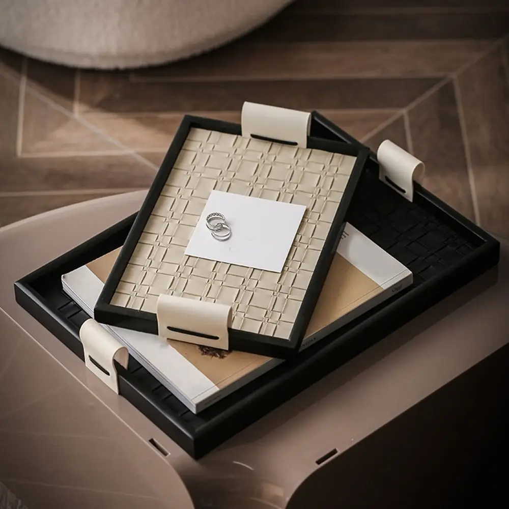 Black/Beige Woven Leather Storage Tray Handmade Rectangle Leather Wooden Tray with Handle Cake Fruit Dessert Tray Water Cup 2