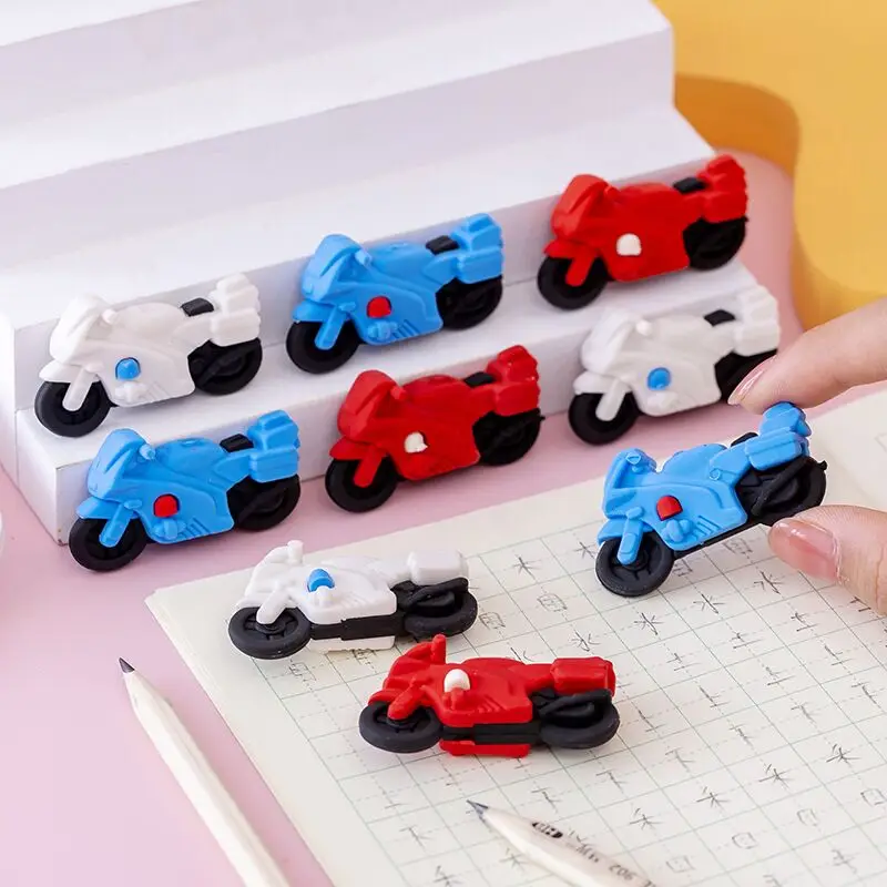 Pencil Eraser Retractable Eraser Kneadable Eraser Biscuit Eraser Plasticine Eraser 3 Pieces/lot Creative Cartoon Motorcycle Shape Eraser Cute Student Stationery Christmas Prize Reward Kawaii Eraser
