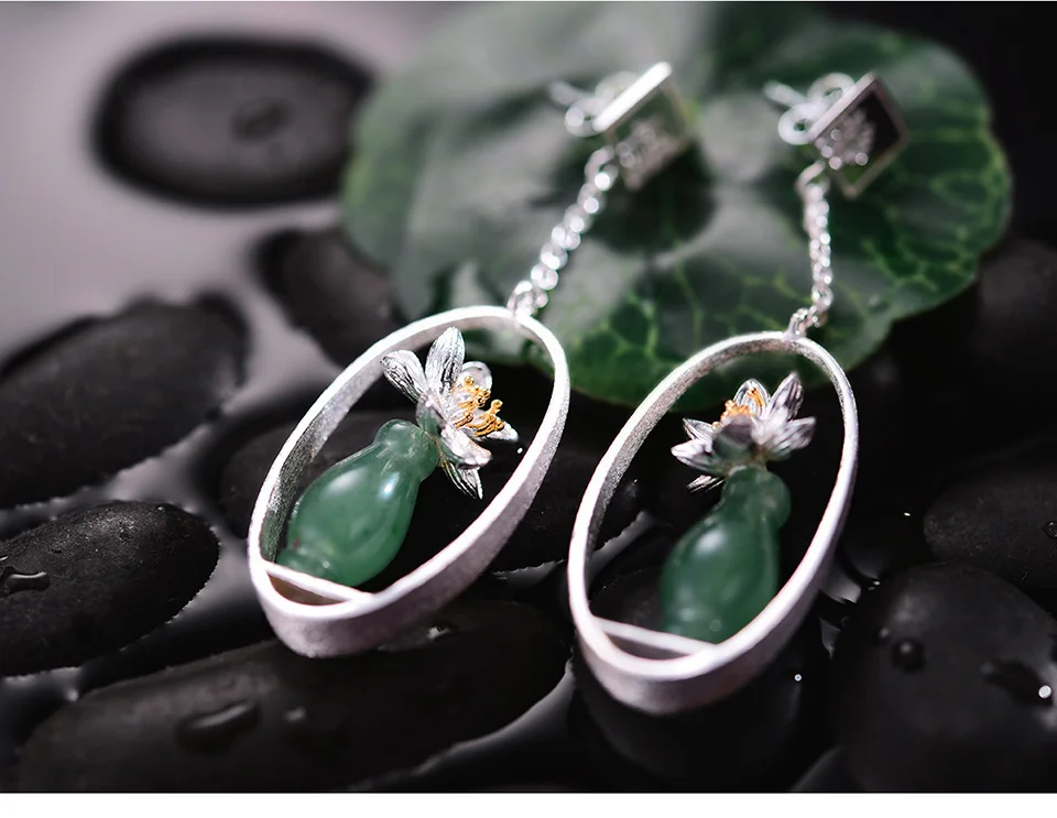 Silver Handmade Natural Stone Flower With Vase Drop Earrings