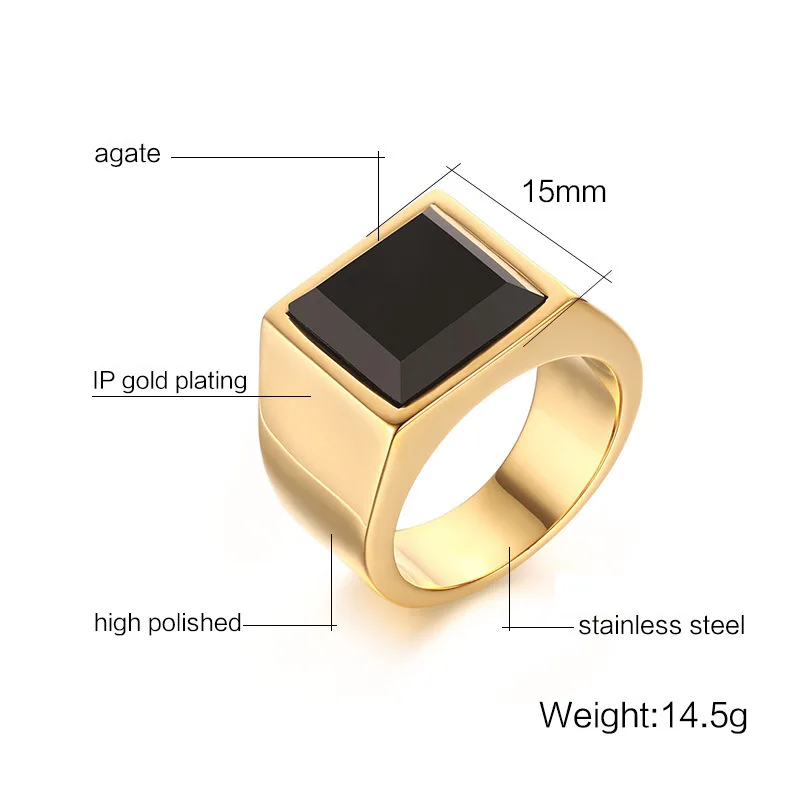 AsJerlya Trendy Men Square Black Stone Ring Stainless Steel Retro Signet Ring Rock Punk Male Jewelry Accessories Boyfriend Gifts 5