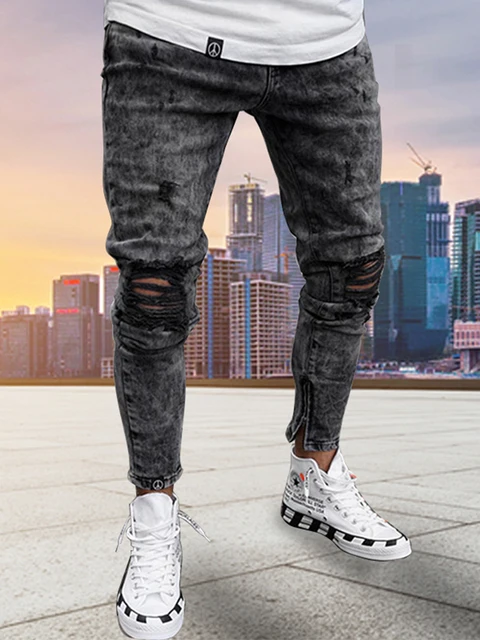 Slim CalÇa Jeans Preta Masculina Rasgado No Joelho Skinny Jeans