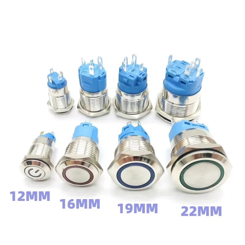 12 16 19 22MM Metal push button switch LED Light Waterproof Momentary Self-Locking Car Engine Power Supply 5V6V12V24V 220V Red Blue