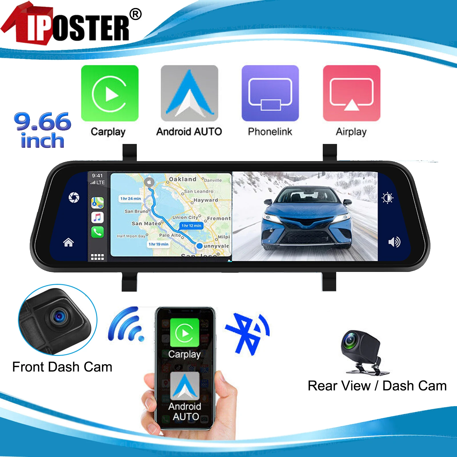 

Автомобильный видеорегистратор iпостер, зеркало заднего вида 9,66 дюйма, камера Ultra HD, беспроводная камера Carplay, передняя и задняя зеркальная камера, DVR GPS комплект
