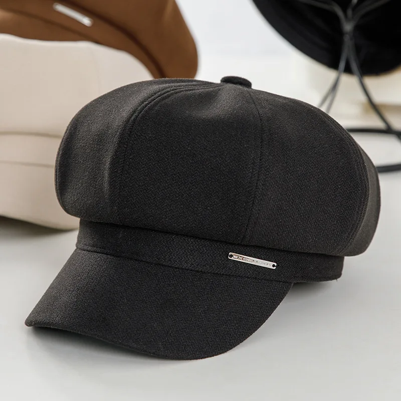 Autumn Winter New Fashion Newsboy Hat Women Solid Color Twill Woolen Retro Beret Black Beige Brown Octagonal Hat Casual CAP