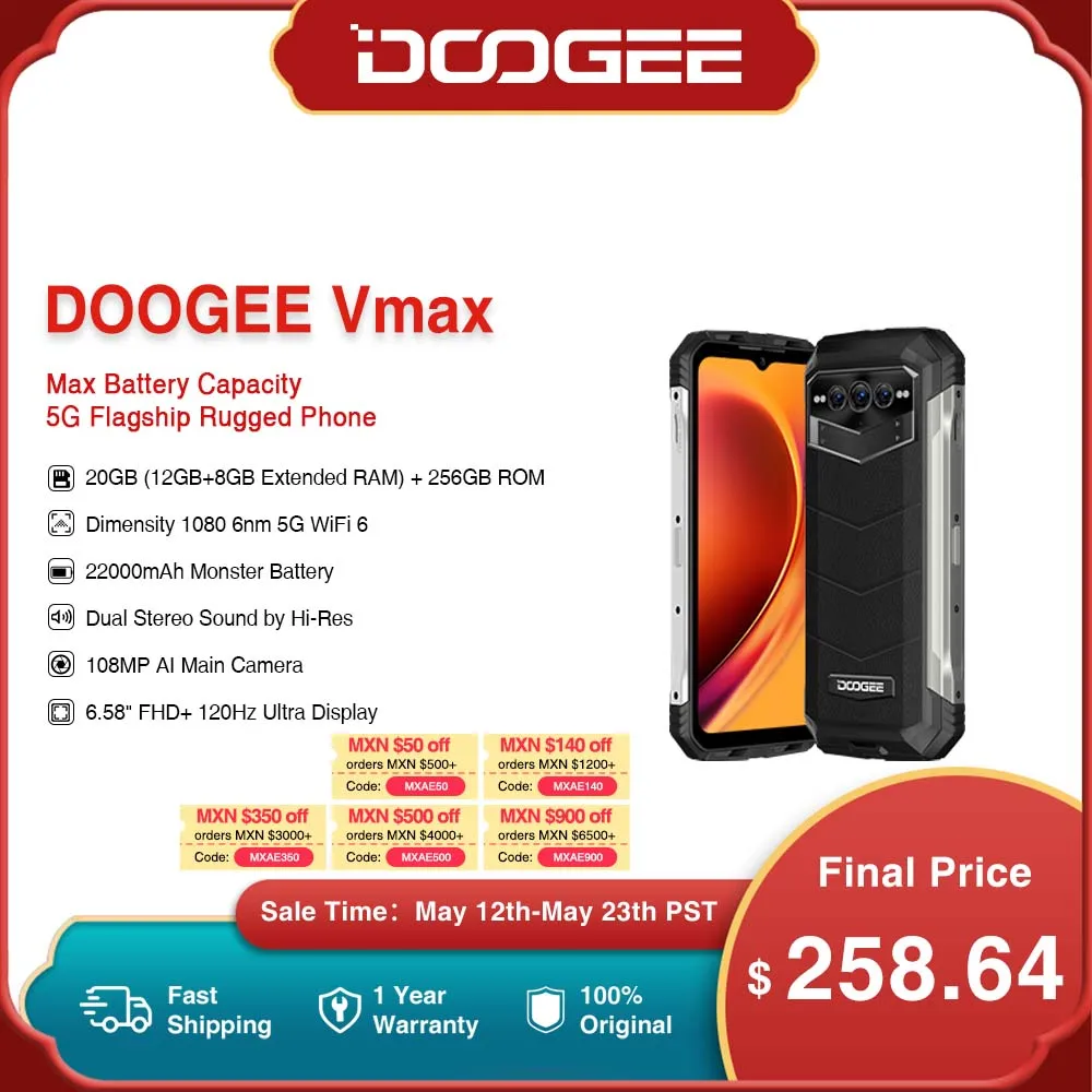 World Premiere DOOGEE V Max 5G Rugged Phone 22000mAh 12GB+256GB Cellphone 108MP Camera Phone 120Hz Dimensity 1080 Hi-Res