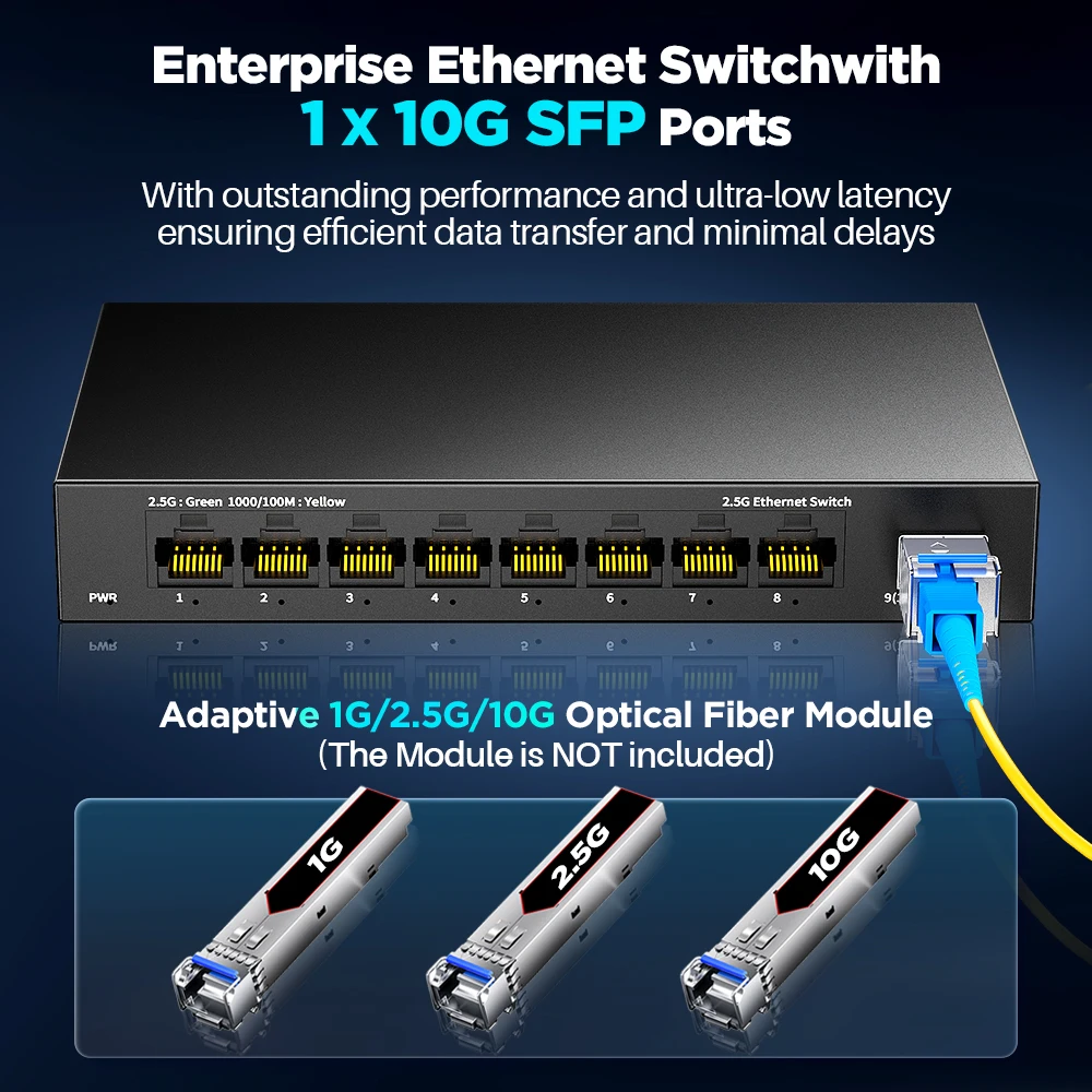 AMPCOM 8 Port 2.5Gigabit Ethernet Switch Unmanaged with 10G SFP Compatible with 10/100/1000Mbps Metal Fanless Network Switch