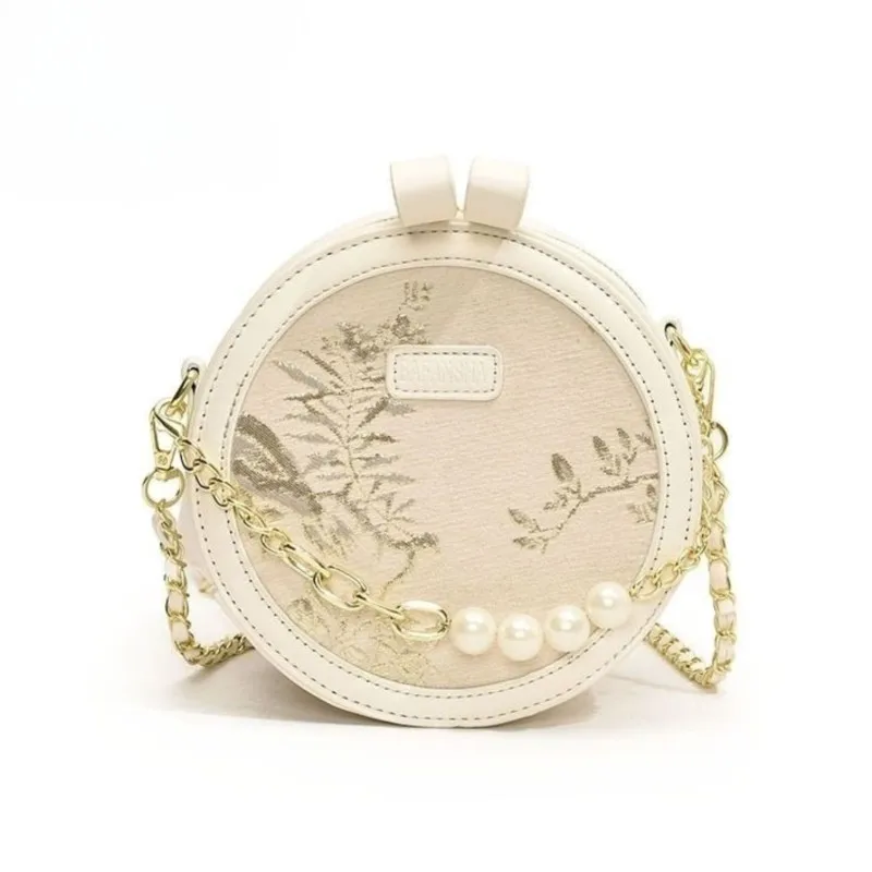 Retro Beige Embroidery Shoulder Bags Women Beaded Chain Round Leather Crossbody Bag Ladies Elegant Premium Luxury Design Bag New