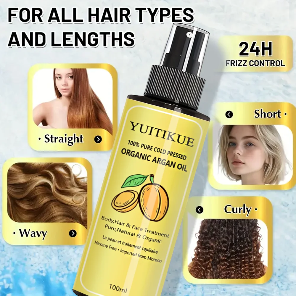 Moroccan nut oil spray, lasting, hair care, smooth bottle design, suitable for all hair types