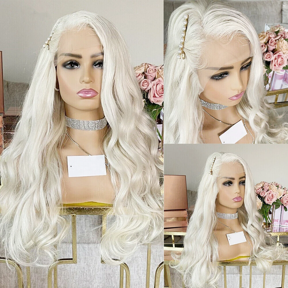 

FANXITION Platinum Blonde Long Water Wave Lace Front Wig Half Hand Tied Heat Resistant Fiber Hair Blond Daily Wear Cosplay Wig