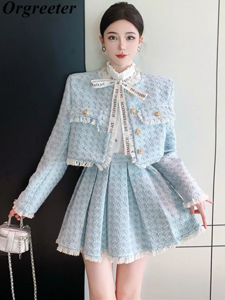 Autumn Tweed Short Jacket Coat Mini Skirt Two Piece Set