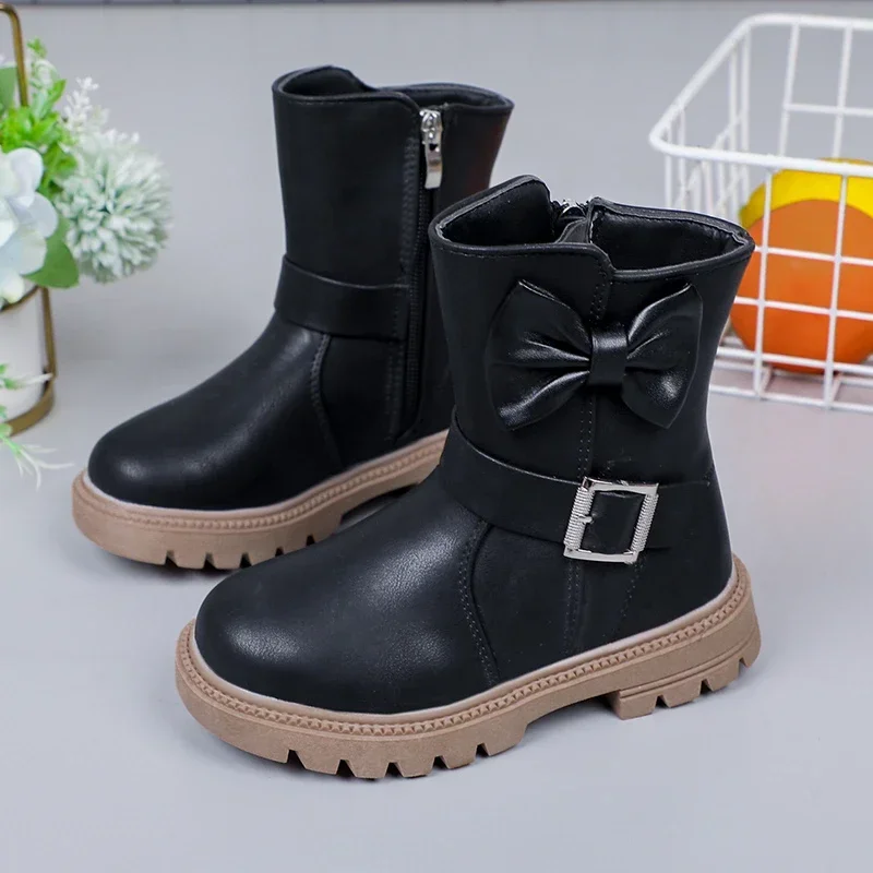 Children Girls Short Boots Solid Color Bow Buckle 2025 New Simple Non-slip Round-toe Kids Versatile Soft Princess Shoes Fashion