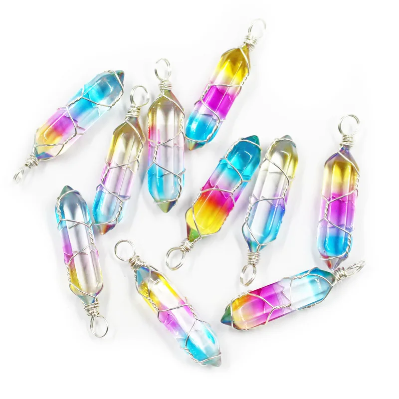 Wire Wrap Colour Grad Glass Crystal Bullet Hexagon Pendants Charms For Diy Earrings Necklace Jewelry Making