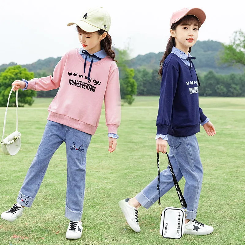 

2023 Spring Autumn Children Girl Tracksuit Teenager Girl Letter Fake Two Shirts+Cartoon Embroidery Straight Jeans Girl 2pcs Suit