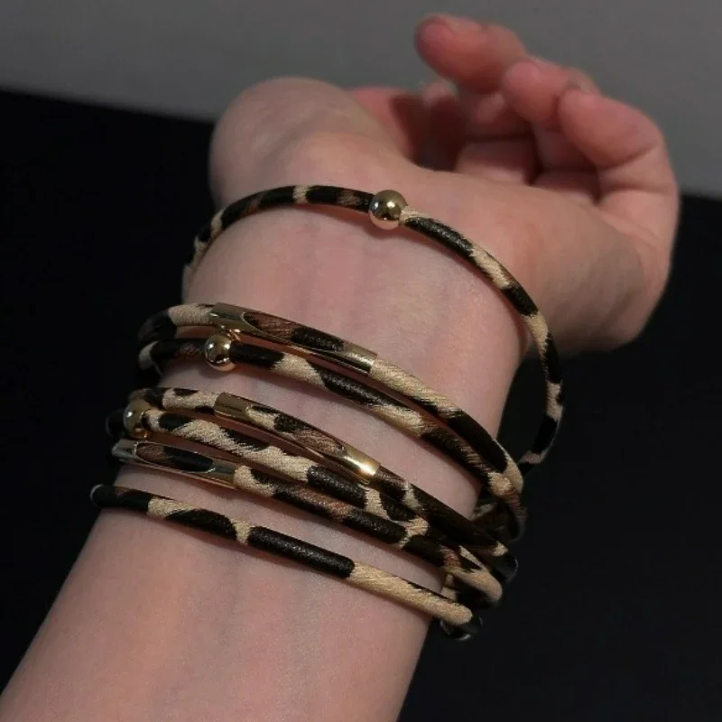 Vintage Magnetic Buckle Leopard Print Leather Bracelets for Women Men Creative Design Multilayer Wrap Wide Bracelet Jewelry Gift