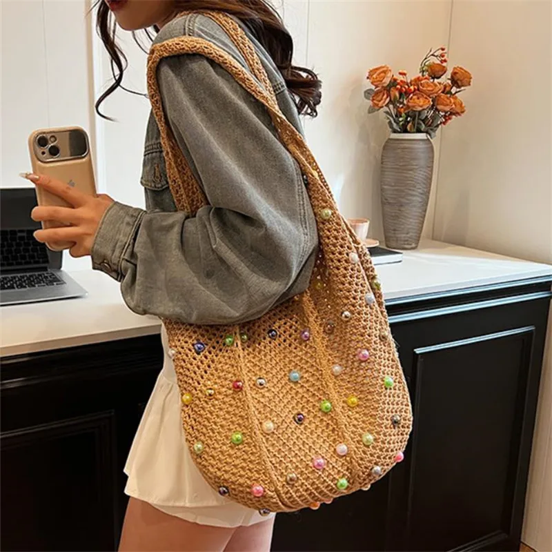 Hollow Out Woven Shoulder Tote Bag, Large Capacity Shopping Bags for Women Beach Bag, Hand Woven Knitting Handbag with Pearl