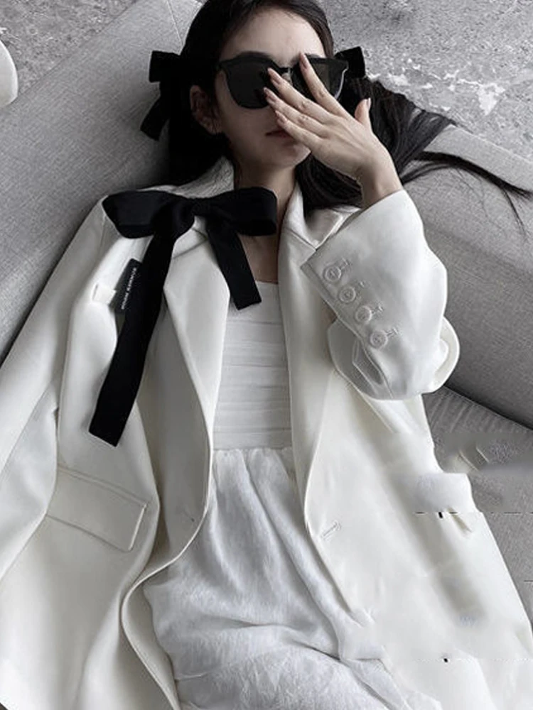

UNXX Spring Autumn 2023 Jacket Women New Fashion White Double Breasted Suit Coat Bowknot Blazer Women Harajuku Office Lady Coats