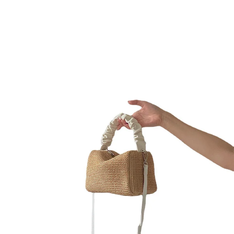 Summer Straw Handbag Women New Fashion Teenage Girls Retro Pleated Color Block Square Tote Crossbody Bag Trendy