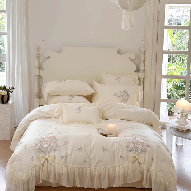 Yay çiçekler nakış nevresim yatak örtüsü seti şifon dantel prenses yatak  kore tarzı mısır pamuk yumuşak yatak çarşafı yastık kılıfı - AliExpress