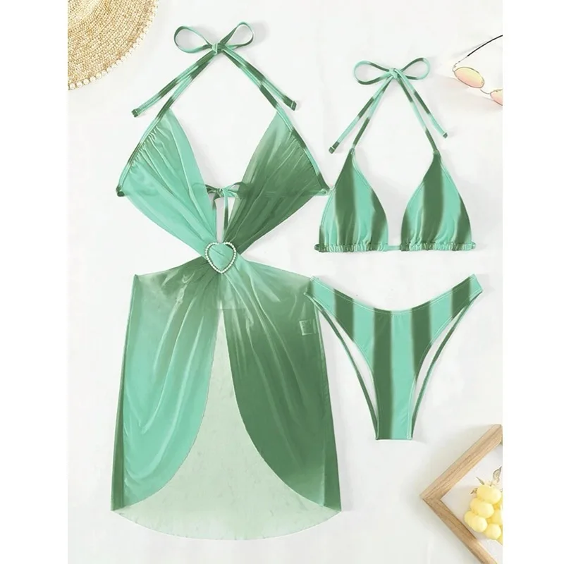 Women's Striped Print Tie Back Halter Ring Linked Cut Out Triangle Bikini Set with Ruched Cover Up