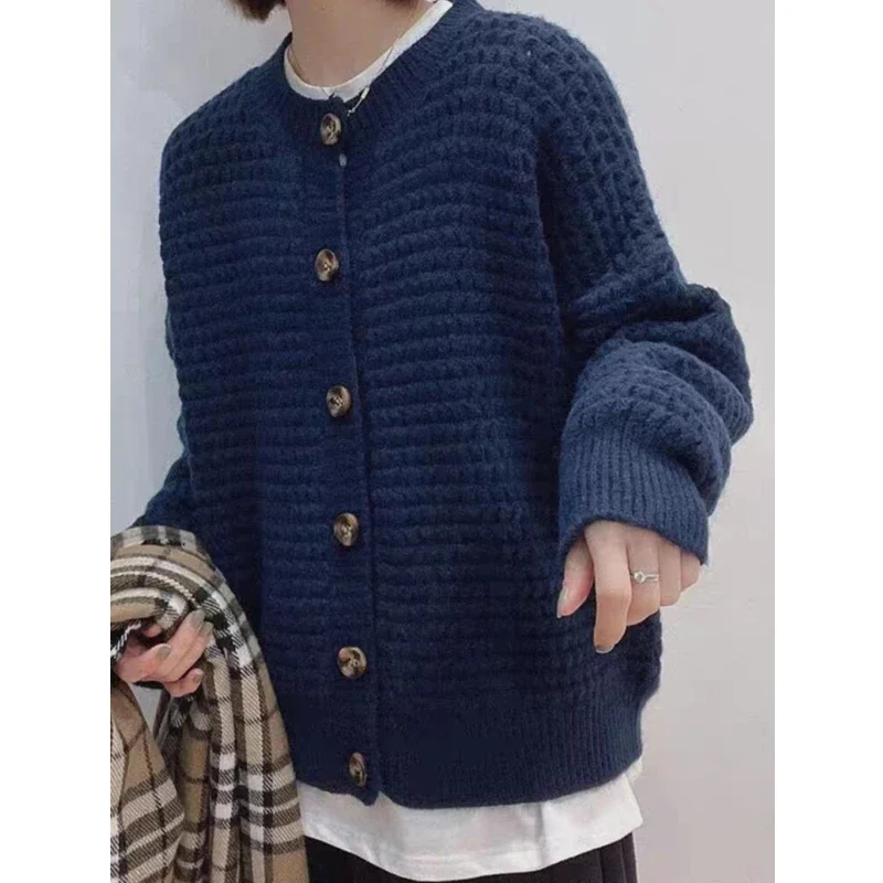 New Autumn and Winter Women's Clothing Elegant Lady's Crew Neck Cardigan Sweater Retro Casual Button Single-breasted Knitwear
