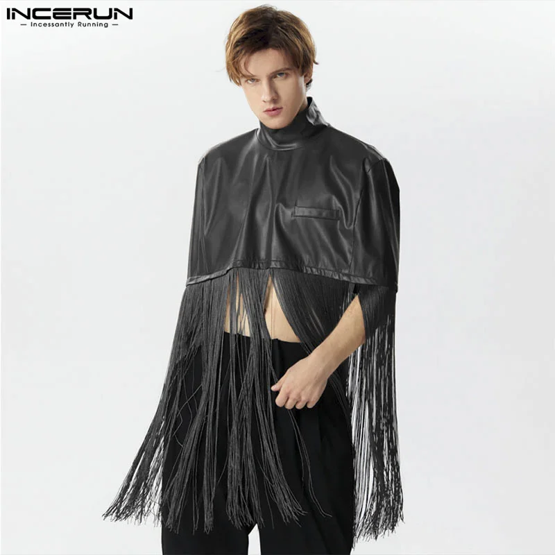 

INCERUN 2024 American Style Handsome Men's Solid PU Leather Long Tassel Design Trench Casual Male Personality Cropped Cape S-3XL