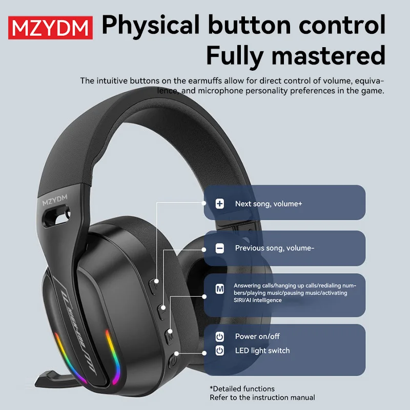 Mzydm sobre a orelha fone de ouvido bluetooth5.4 sem fio estéreo jogos b500 fones microfone embutido rgb luz baixa latência para pc foto 5