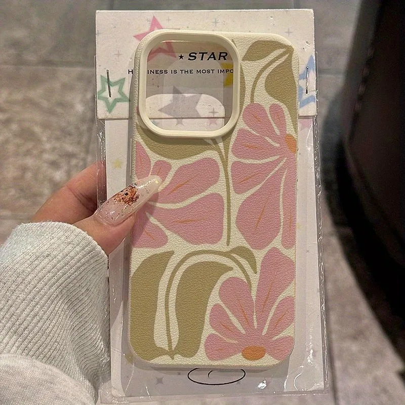 Charming Pink Floral Lychee Texture Soft Phone Cover