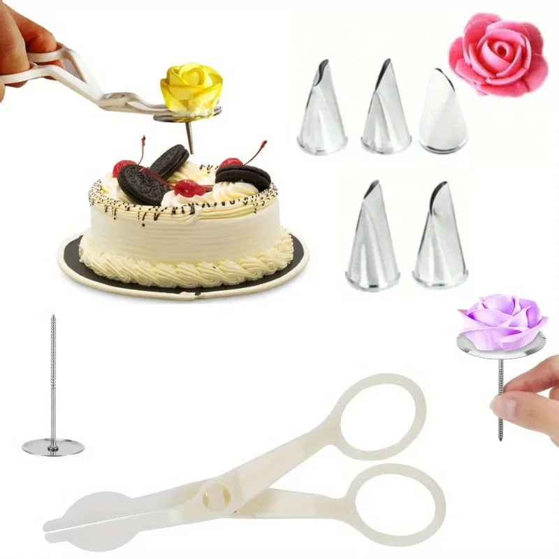 Cake Decorating Piping Tips Set with Rose Petal Tulip Flower Leaves Designs and Mounting Scissors for Icing Cream Transfer