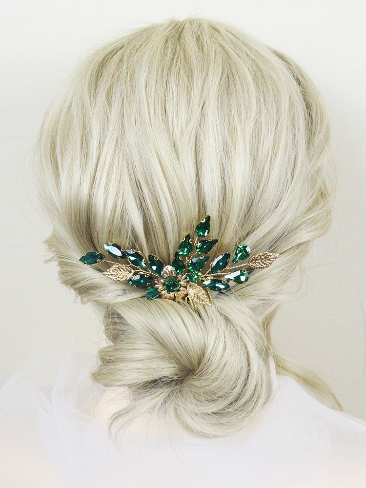 Green Rhinestone Hair Comb Vintage Leaves Bridal Hair Accessories For