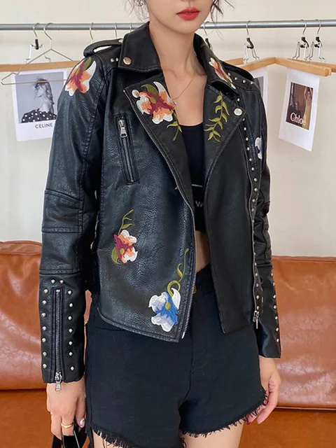 Women Vintage Floral Print Embroidery Faux Leather Jacket 2