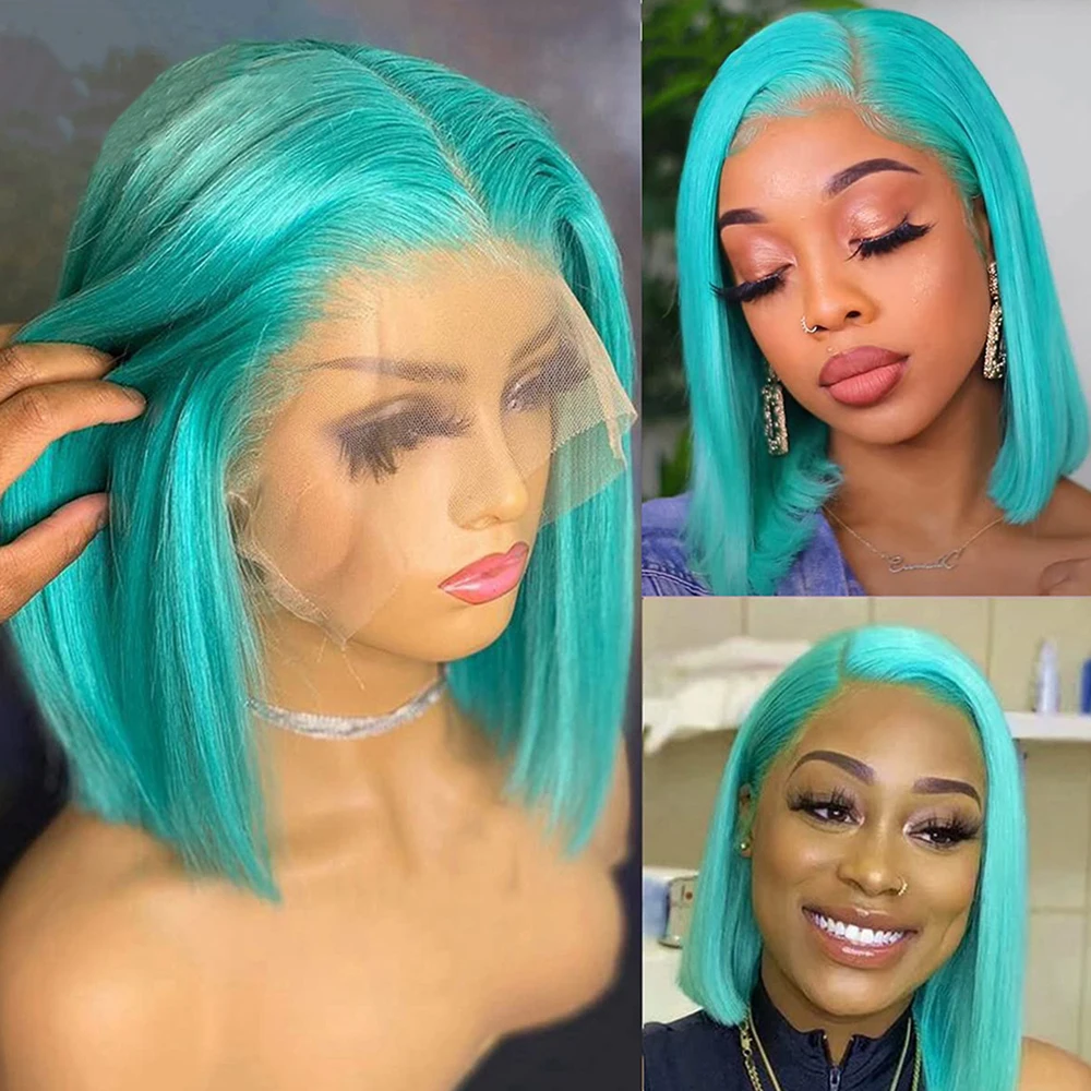 

Mint green Colored Short Bob Wigs 13x4 Transparent Lace Front Wigs For Women Pre Plucked Brazilian Virgin Human Hair Wig On Sale