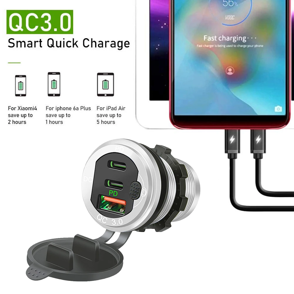 115W Car Charger QC3.0 and PD Type C Three USB Car Charger Socket