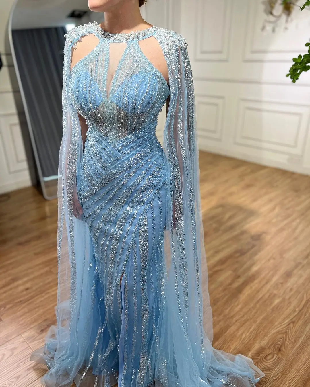 S0c288575e0f84f3d8dfb1e7ae8abe4ebr Lilac Cape Sleeves Mermaid Luxury Beaded Evening Dresses Open Split Wedding Party Gowns For Women Mallzona