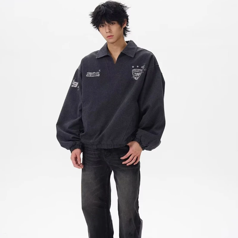 Spring Trendy Mens Tops Letter Printing College Unisex Sweatshirt Street Fashion Loose Washed Lapel Male Pullover New