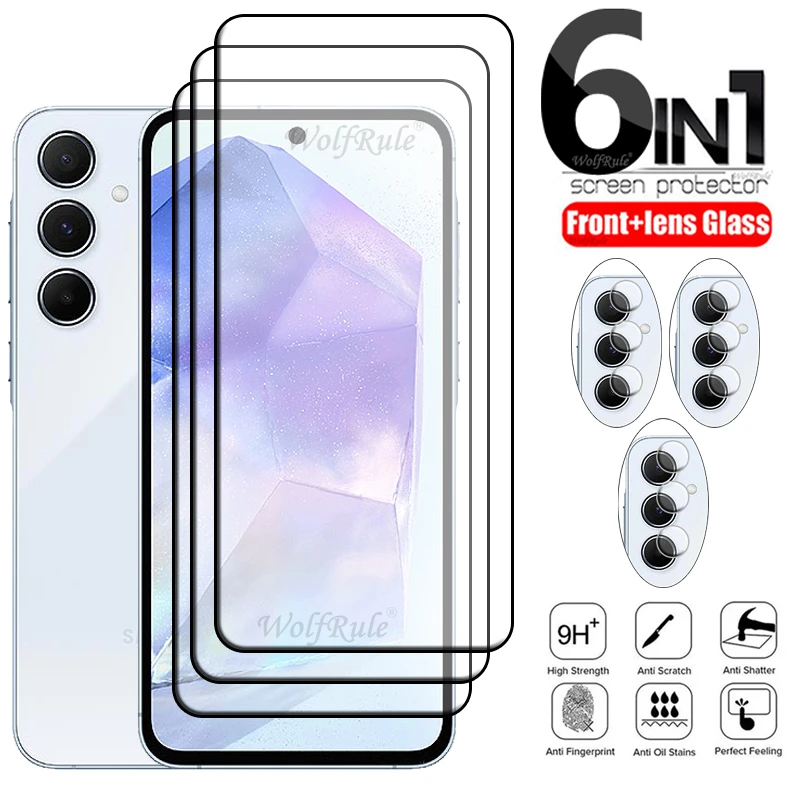 6-In-1 Per Samsung Galaxy A55 Glass Samsung A55 Glass Full 9H Screen Protector Samsung A55 A15 A35 A54 A05S A25 A05 Lens Glass