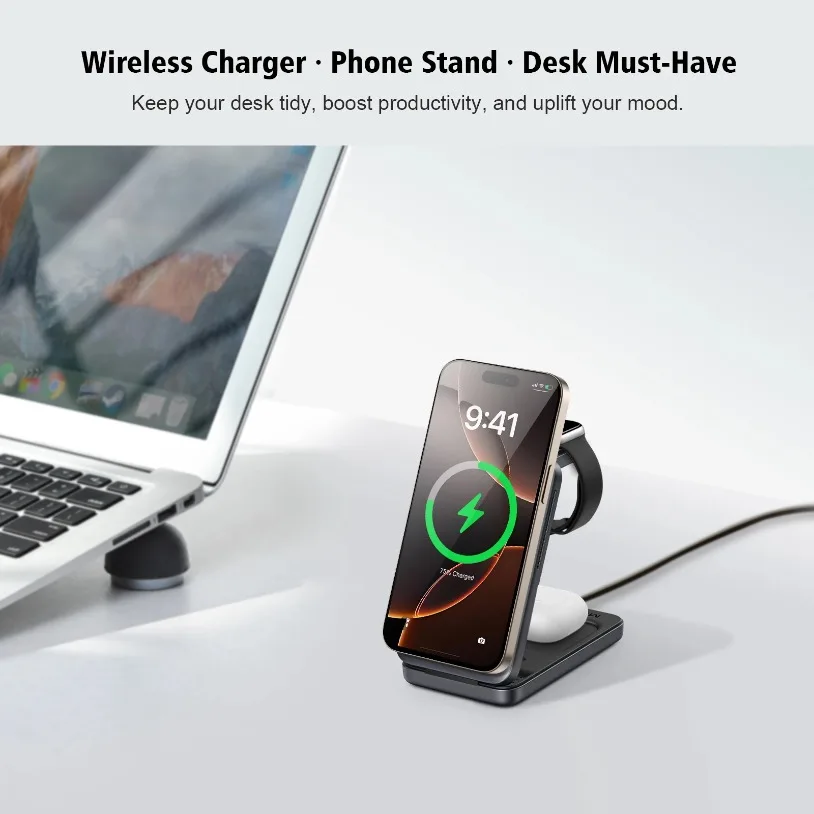 Foldable 15W Magnetic Wireless Charging Station Desktop Stand for iPhone 12-17 iWatch 1-10 & AirPods Portable Design for Office