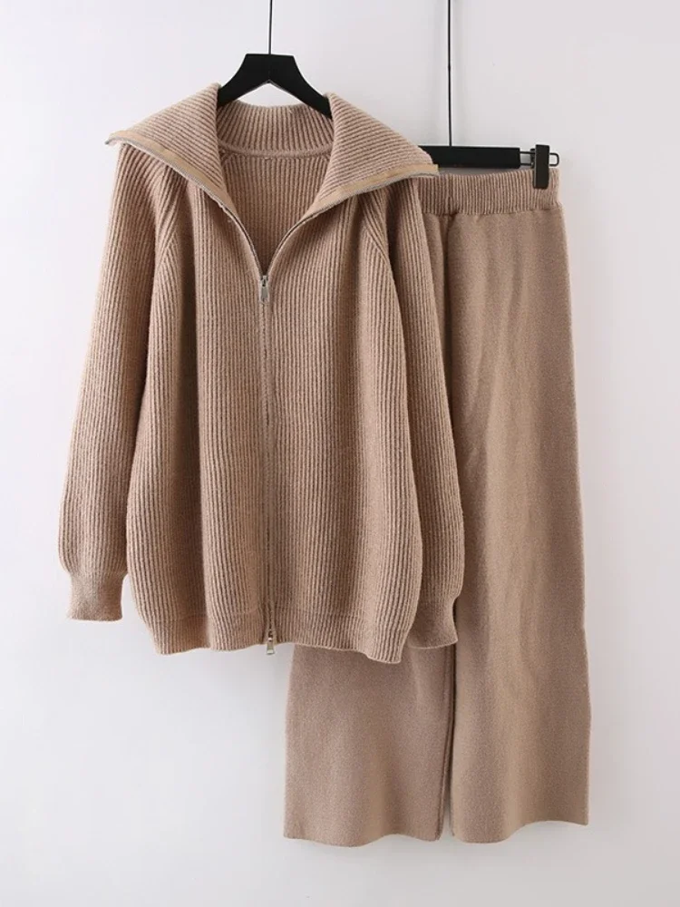 

Fashion Sweater Coat Sets of Women 2 Pieces Elegant Zipper Knitted Turtleneck High Waist Wide Leg Pants Full Length Suit Women